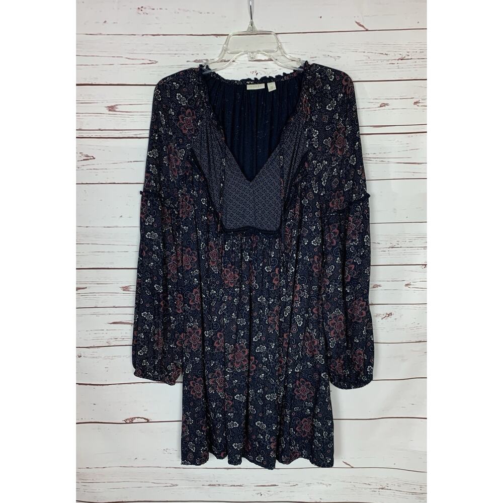 Hinge Nordstrom Women's L Large Navy Blue Floral Long Sleeve Fall Boho Dress